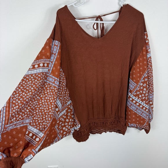 Chicsoul Boho Flowy Blouse Top Womens 1X Rust Orange Fall Bohemian Bishop Sleeve - Picture 2 of 6